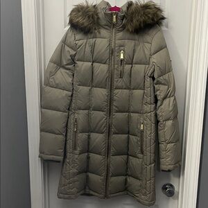 Michael Kors Grey Puffer Coat with Faux Fur Hood